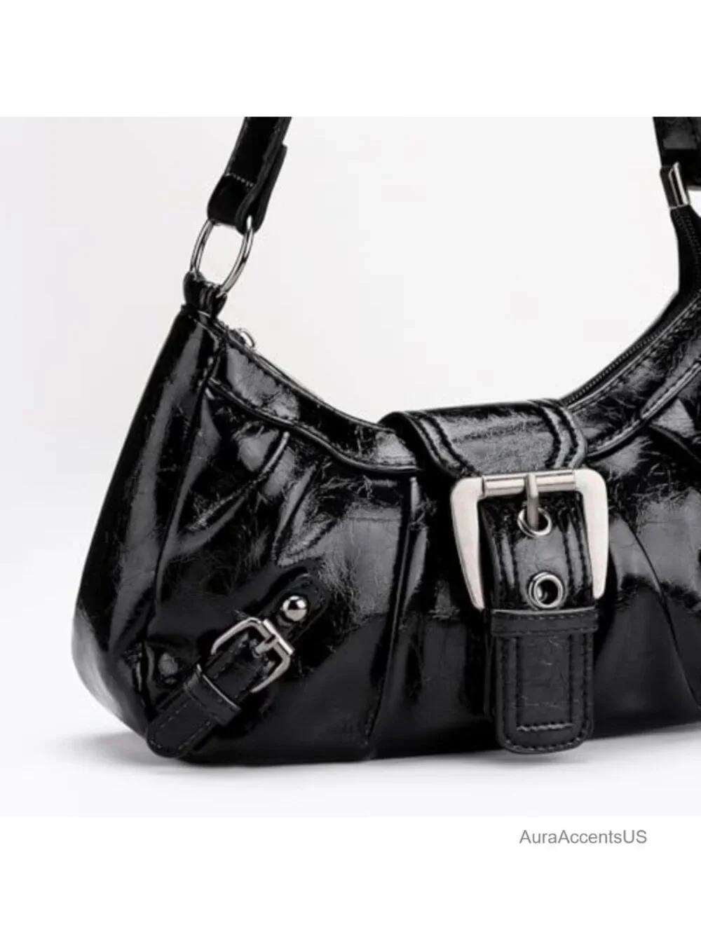 Vegan Leather Hobo Shoulder Bag with Buckle Zipper Clutch Tote Handbag